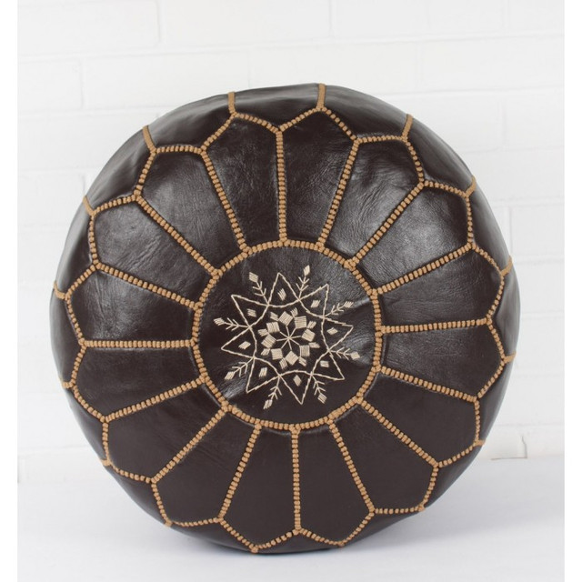 Moroccan Embroidered Leather Pouf - Dark Brown Luxurious Seating