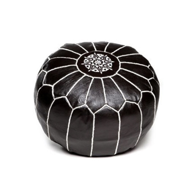 Handcrafted Black Embroidered Leather Pouf from Morocco - Handmade Moroccan Pouf