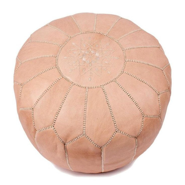 Pink Embroidered Moroccan Leather Pouf - Handmade Luxury Seating