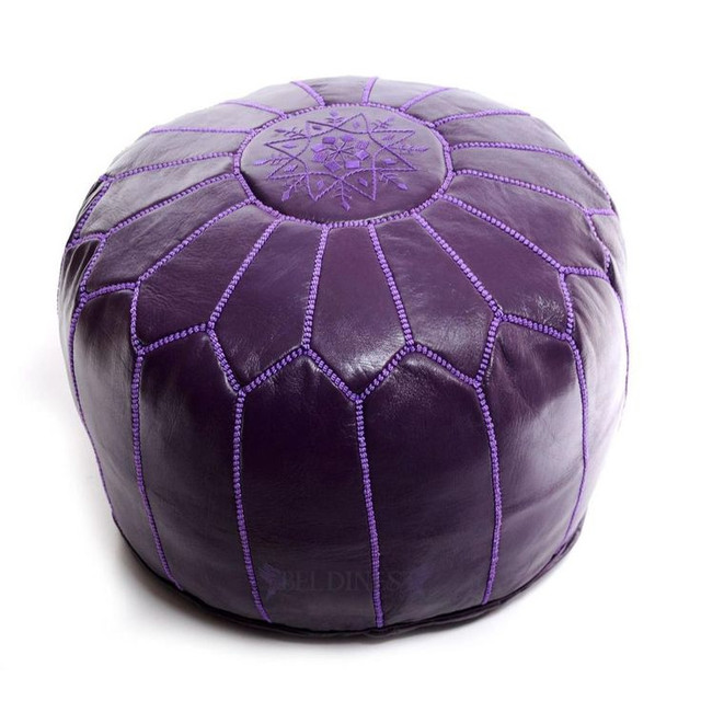 Embroidered Moroccan Leather Pouf - Handmade Elegance