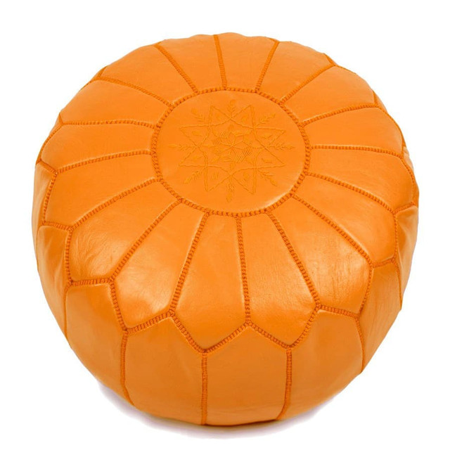 Vibrant Neon Orange Moroccan Leather Pouf - Handcrafted Luxury Seating