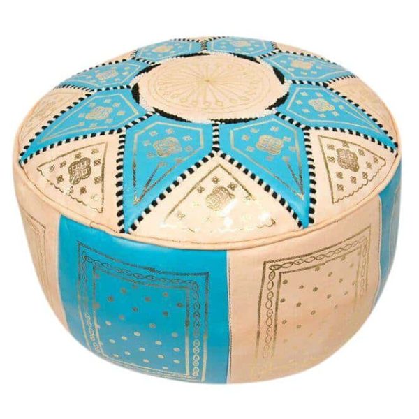 Light Blue Genuine Leather Moroccan Pouf Handcrafted in Marrakech