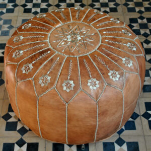 Moroccan Flower Embroidered Leather Pouf | Tan Embellished Ottoman