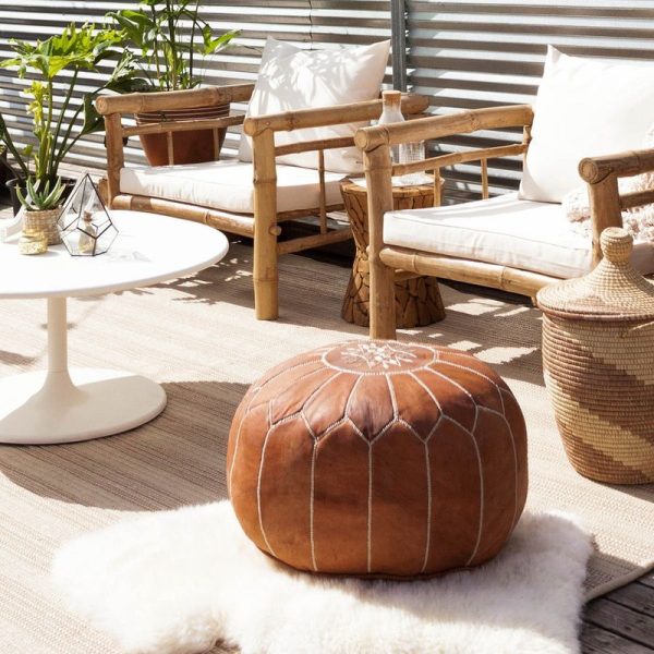 Moroccan Leather Pouf - Tan Embroidered Cozy Seating