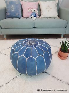 Handmade Blue Embroidered Leather Poufs - Stylish & Cozy Seating