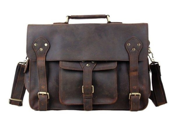 Vintage Brown Leather Moroccan Messenger Bag with Multiple Pockets