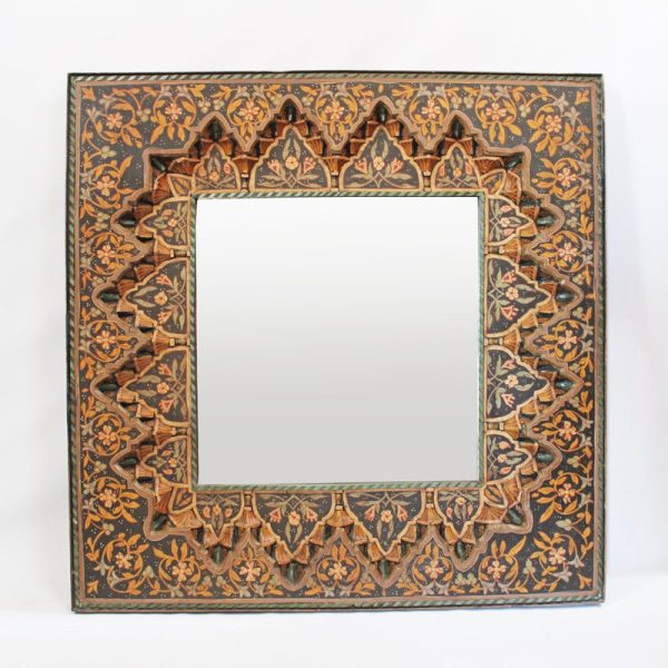 Vintage Moroccan Orange Carved Wood Square Mirror