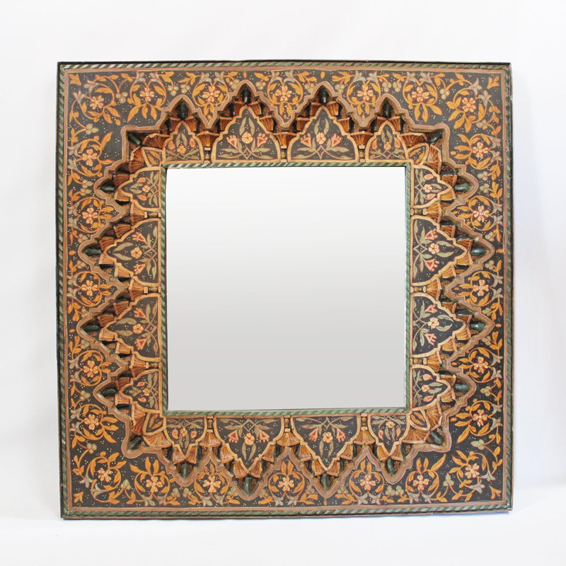 Vintage Moroccan Orange Carved Wood Square Mirror