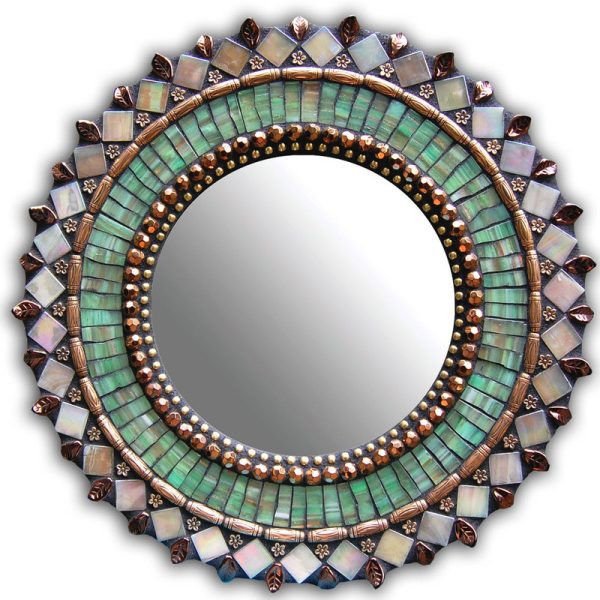 Handcrafted Moroccan Mosaic Mirror in Light Teal and Gold - 28