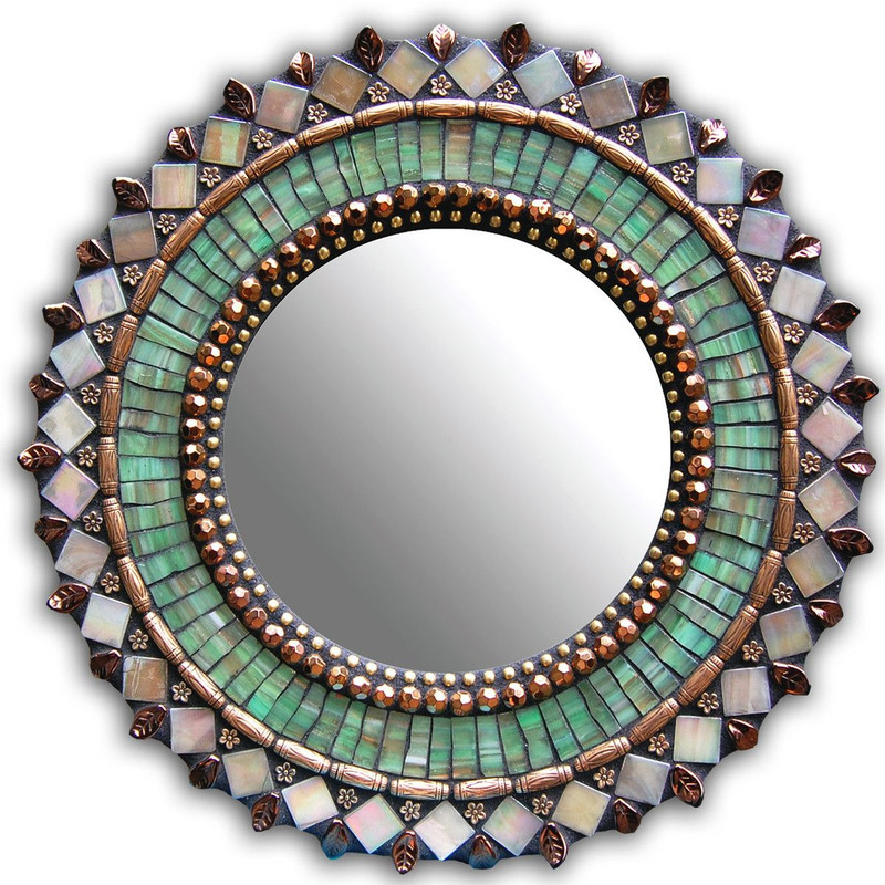 Handcrafted Moroccan Mosaic Mirror in Light Teal and Gold - 28
