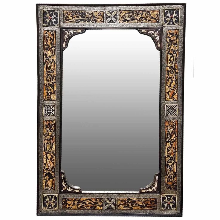 Moroccan Metal Mirror with Engraved Silver and Brown Leather Frame