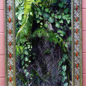 Moroccan Silvered Metal Engravings and Amber Stone Mirror