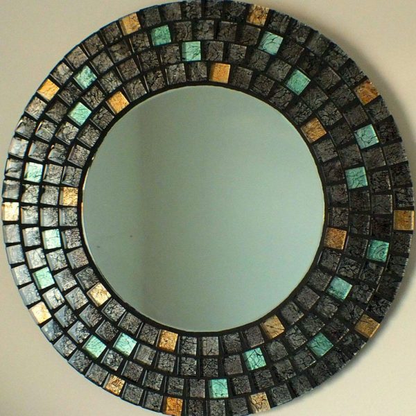 Handcrafted Dark Grey Moroccan Mirror | Teal & Gold Tile Insets