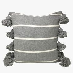Gray and White Pom Pom Moroccan Handmade Pillows - Berber Women Crafted