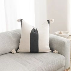 Handmade Moroccan Pom Pom Pillow - Black and White Pattern