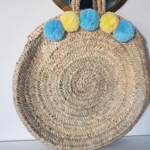 Chic Blue and Yellow Pom Pom Handwoven Basket