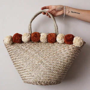 Moroccan Berber Pom Pom Basket with Beige and Brick Accents
