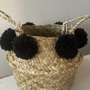 Moroccan Handcrafted Pom Pom Basket with Black Poms