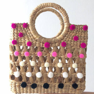 Handcrafted Moroccan Pom Pom Baskets - Pink, White, Black