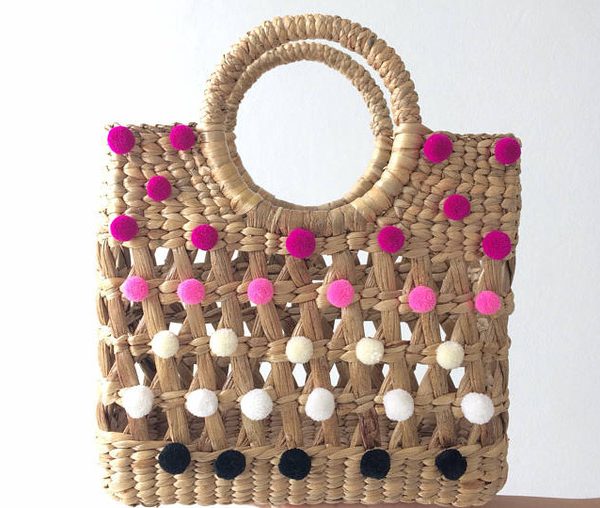 Handcrafted Moroccan Pom Pom Baskets - Pink, White, Black
