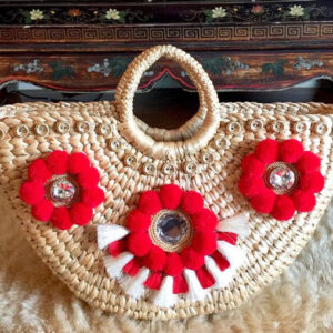 Moroccan Berber Red and White Pom Pom Handmade Baskets