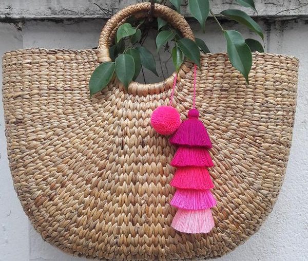 Eco-Friendly Moroccan Pom Pom Basket with Pink Pom Pom String