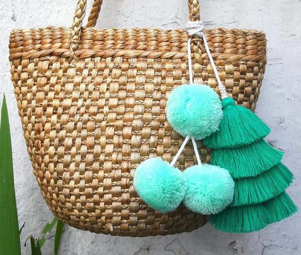 Moroccan Teal Pom Pom Eco-Friendly Baskets