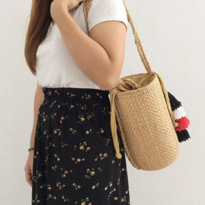 Moroccan Handmade Pom Pom Cylinder Baskets - Black, Red, White