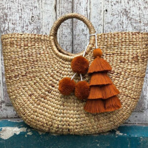 Moroccan Handmade Tan Pom Pom Baskets - Eco-Friendly & Versatile