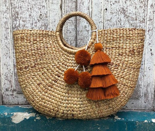 Moroccan Handmade Tan Pom Pom Baskets - Eco-Friendly & Versatile