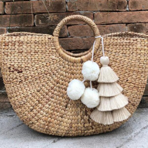 Moroccan Handmade Beige and White Pom Pom Baskets