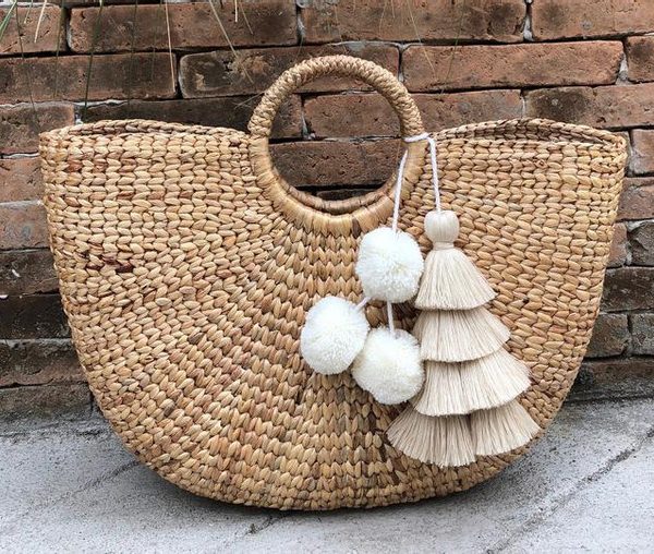 Moroccan Handmade Beige and White Pom Pom Baskets