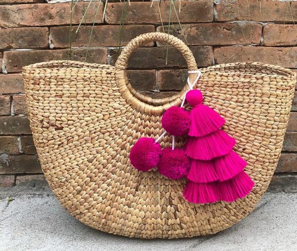 Moroccan Handmade Dark Pink Pom Pom Baskets