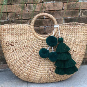 Moroccan Pom Pom Baskets - Emerald Green Handwoven Craft