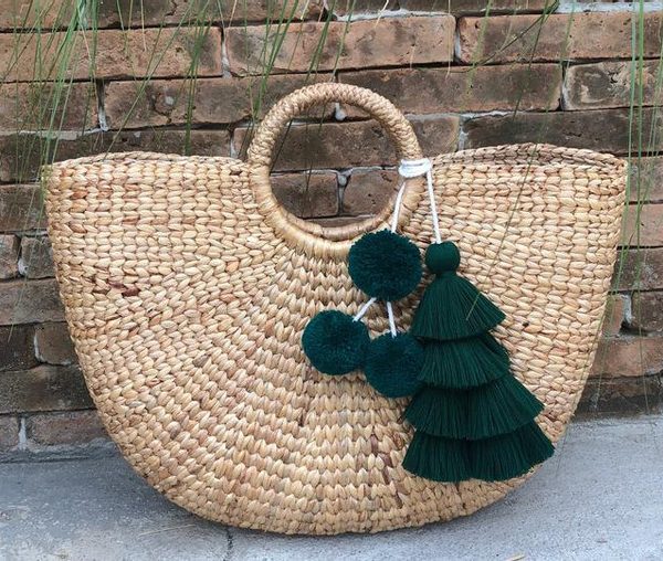 Moroccan Pom Pom Baskets - Emerald Green Handwoven Craft