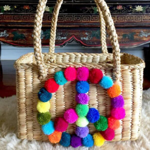 Moroccan Handwoven Pom Pom Basket | Multicolored Peace Sign Design