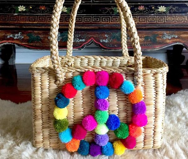 Moroccan Handwoven Pom Pom Basket | Multicolored Peace Sign Design