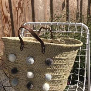 Handwoven Moroccan Pom Pom Baskets - Gray and White Basket