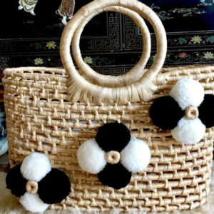 Moroccan Flower Pom Pom Basket - Handmade Eco-Friendly Storage & Beach Tote