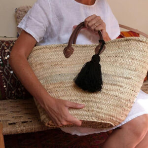 Handwoven Eco-Friendly Pom Pom Basket with Black Handle