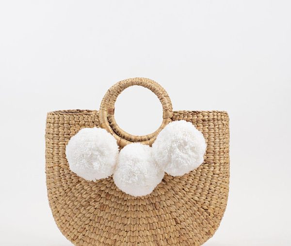 Handmade Semicircle Pom Pom Basket - Eco-Friendly Storage & Beach Bag