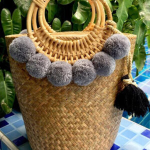 Moroccan handwoven pom pom baskets with gray accents