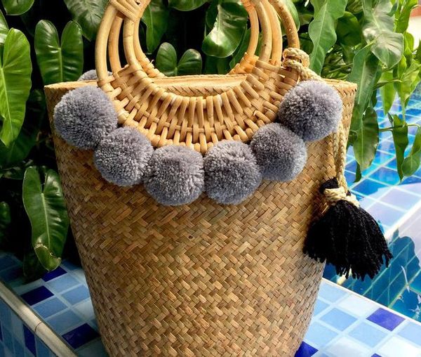 Moroccan handwoven pom pom baskets with gray accents