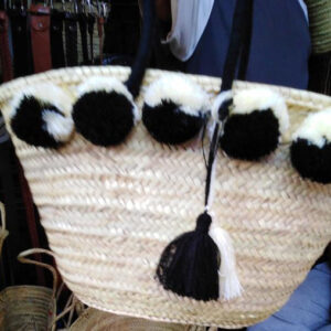 Black and White Pom Pom Handwoven Basket