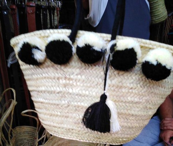 Black and White Pom Pom Handwoven Basket