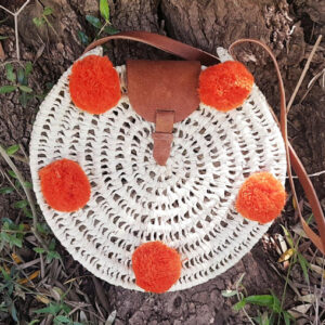 Moroccan Handwoven Pom Pom Basket - Vibrant Orange Eco-Friendly Design