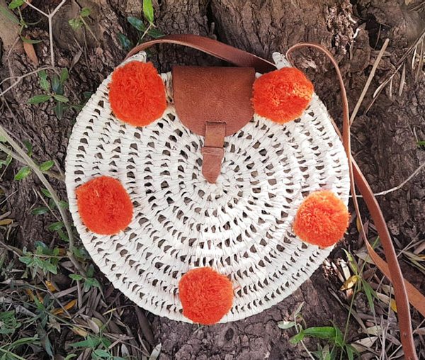 Moroccan Handwoven Pom Pom Basket - Vibrant Orange Eco-Friendly Design
