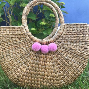 Pink Pom Pom Moroccan Semicircle Basket - Handwoven Eco-Friendly Storage Basket