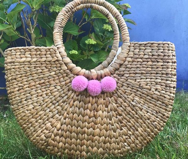 Pink Pom Pom Moroccan Semicircle Basket - Handwoven Eco-Friendly Storage Basket