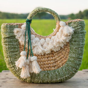 Handmade Khaki Pom Pom Baskets by Moroccan Artisans